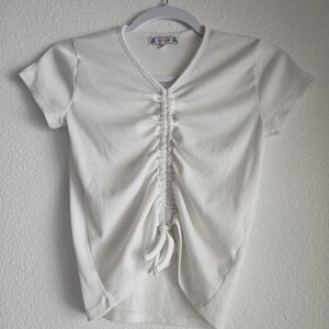 Cream Ivory Ribbed Cinch-Front Short Sleeve Top